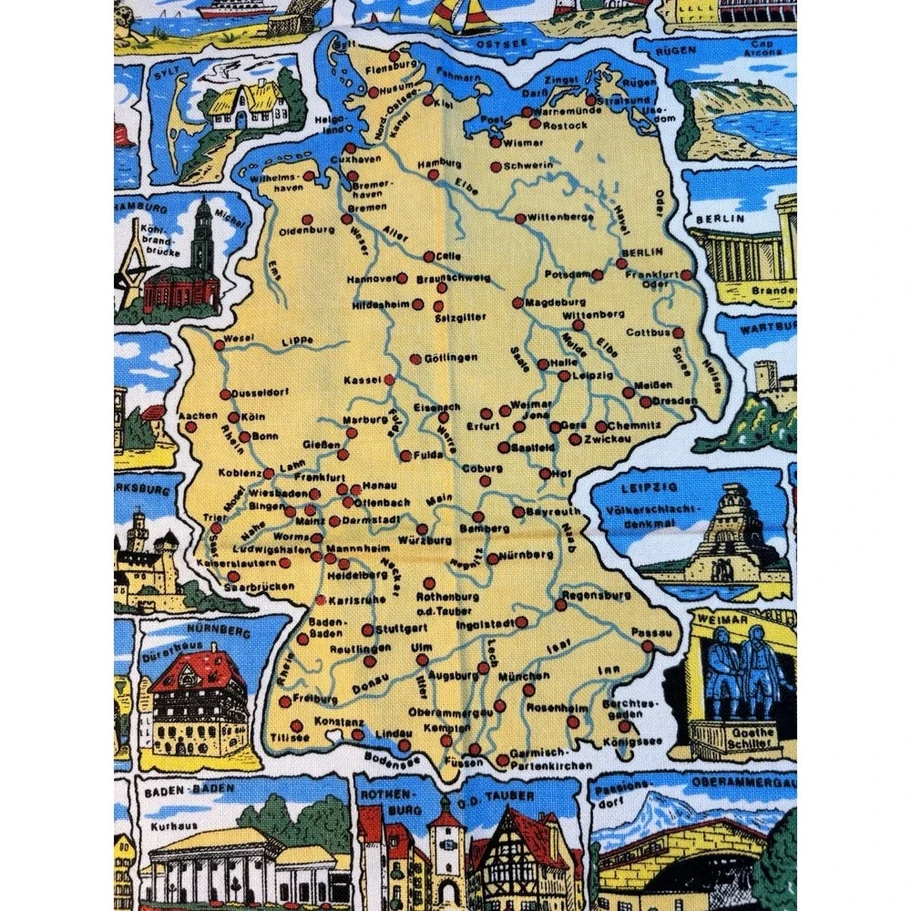 Vintage Map of‎ Germany Souvenir Tea Towel Crests/Leaf Border Linen 28x18 NWOT